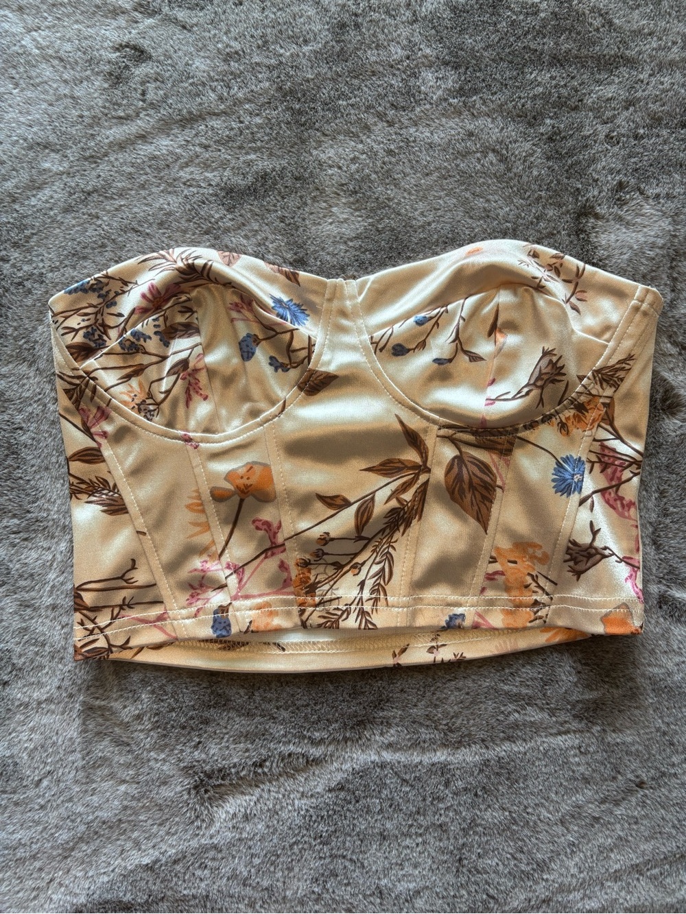 SHEIN Satin Cream Floral Strapless Bustier Crop Top - Size S